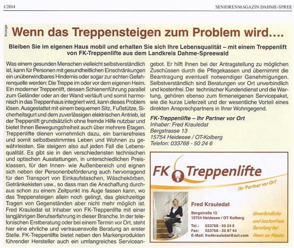 FK-Treppenlifte - in der Presse! Annoncen, Anzeigen, Angebote, Aktionen