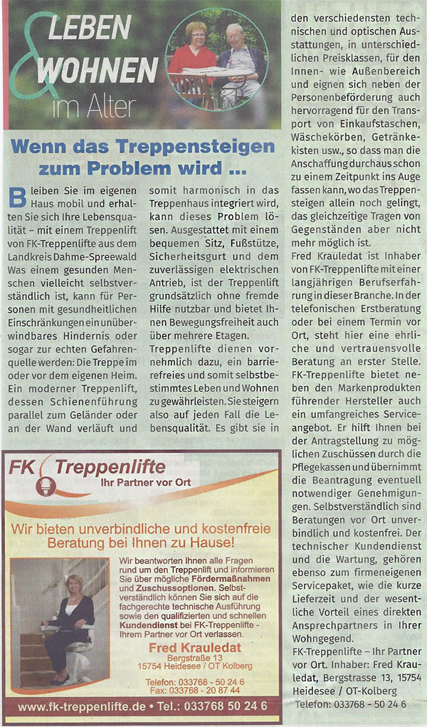 FK-Treppenlifte - in der Presse! Annoncen, Anzeigen, Angebote, Aktionen