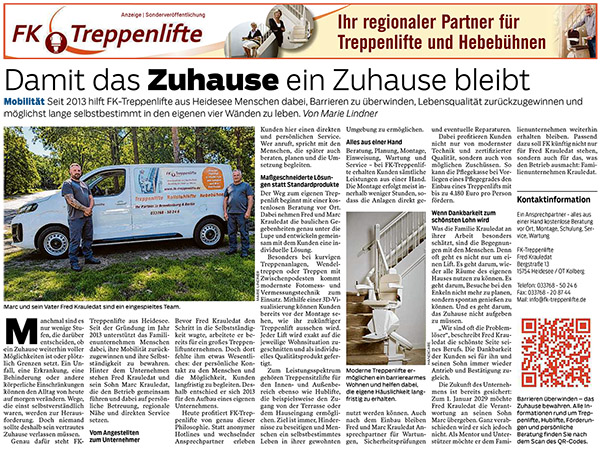 FK-Treppenlifte - in der Presse! Annoncen, Anzeigen, Angebote, Aktionen